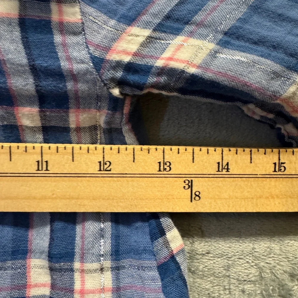 1942 | Baby Gap Plaid Ruffle Gauze Metallic Long Sleeve Blouse Blue 5T